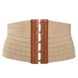 Pre Owned Yves Saint Laurent Beige/Brown Leather and Elastic Waist Belt Medium
