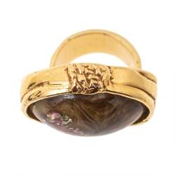 Pre Owned Yves Saint Laurent Green Glass Cabochon Gold Tone Arty Ring Size 56