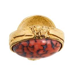 Pre Owned Yves Saint Laurent Coral Cabochon Gold Tone Arty Ring SIze EU 57