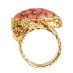 Pre Owned Yves Saint Laurent Coral Cabochon Gold Tone Arty Ring SIze EU 57