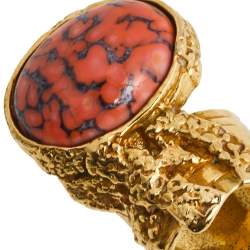 Pre Owned Yves Saint Laurent Coral Cabochon Gold Tone Arty Ring SIze EU 57