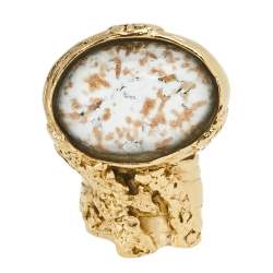 Pre Owned Yves Saint Laurent Metallic White Glass Cabochon Arty Ring Size EU 54.5