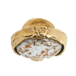Pre Owned Yves Saint Laurent Metallic White Glass Cabochon Arty Ring Size EU 54.5