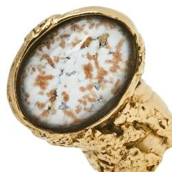 Pre Owned Yves Saint Laurent Metallic White Glass Cabochon Arty Ring Size EU 54.5
