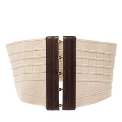 Pre Owned Yves Saint Laurent Beige/Brown Leather and Elastic Hook Corset Waist Belt S