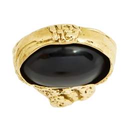 Pre Owned Yves Saint Laurent Black Cabochon Arty Gold Tone Ring