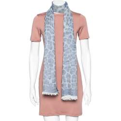 Yves Saint Laurent Blue Patterned Linen & Cotton Scarf