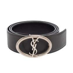 Pre Owned Yves Saint Laurent Grey/Black Leather Monogram Round Belt 95CM