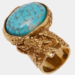 Pre Owned Yves Saint Laurent Arty Blue Glass Cabochon Oval Ring Size 7