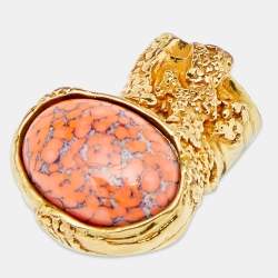 Pre Owned Yves Saint Laurent Arty Orange Glass Cabochon Oval Ring Size 7