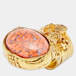 Pre Owned Yves Saint Laurent Arty Orange Glass Cabochon Oval Ring Size 7