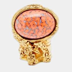 Pre Owned Yves Saint Laurent Arty Orange Glass Cabochon Oval Ring Size 7