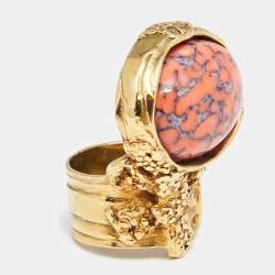 Pre Owned Yves Saint Laurent Coral Cabochon Arty Oval Ring Size EU 54.5