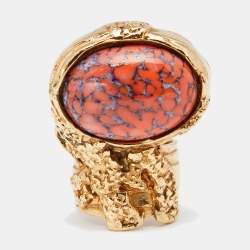 Pre Owned Yves Saint Laurent Coral Cabochon Arty Cocktail Ring EU 49