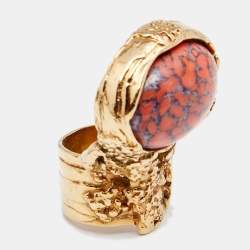 Pre Owned Yves Saint Laurent Coral Cabochon Arty Cocktail Ring EU 49