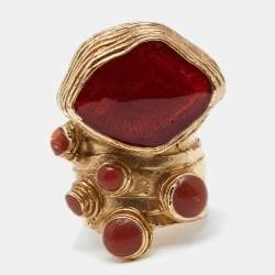 Pre Owned Yves Saint Laurent Gold Tone Red Gripoix Arty Ring EU 60