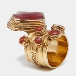 Pre Owned Yves Saint Laurent Gold Tone Red Gripoix Arty Ring EU 60