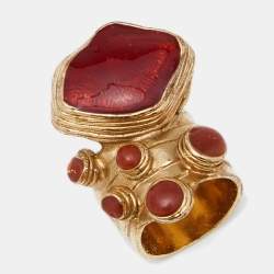Pre Owned Yves Saint Laurent Gold Tone Red Gripoix Arty Ring EU 60