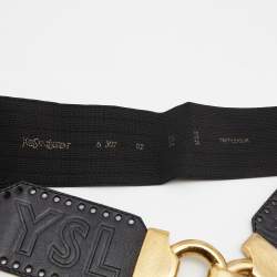 Pre Owned Saint Laurent Black Leather and Elastic Band Golden Hook Waist Belt 85CM