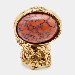 Pre Owned Yves Saint Laurent Coral Glass Cabochon Arty Ring EU 49