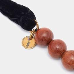 Pre Owned Yves Saint Laurent Wood Beads and Velvet Bow Long Necklace