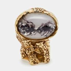 Pre Owned Yves Saint Laurent Arty Glass Gold Tone Cocktail Ring Size EU 52