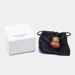 Pre Owned Yves Saint Laurent Arty Coral Glass Cabochon Gold Tone Ring Size 55