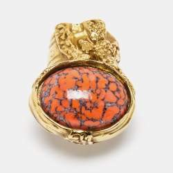 Pre Owned Yves Saint Laurent Arty Coral Glass Cabochon Gold Tone Ring Size 55