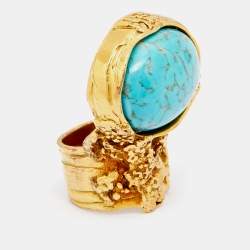 Pre Owned Saint Laurent Arty Turquoise Glass Cabochon Gold Tone Ring Size 52.5