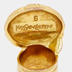 Pre Owned Saint Laurent Arty Turquoise Glass Cabochon Gold Tone Ring Size 52.5