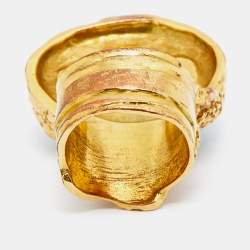 Pre Owned Saint Laurent Arty Turquoise Glass Cabochon Gold Tone Ring Size 52.5