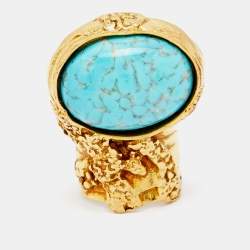 Pre Owned Saint Laurent Arty Turquoise Glass Cabochon Gold Tone Ring Size 52.5