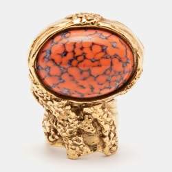 مملوكة مسبقًا Yves Saint Laurent Gold Tone Coral Cabochon Arty Ring Size EU 52