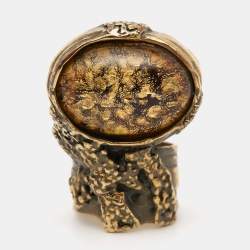 Yves Saint Laurent Arty Glass Cabochon Gold Tone Ring Size EU 54.5