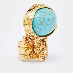 Yves Saint Laurent Gold Tone Turquoise Cabochon Arty Ring Size EU 49