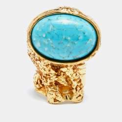 Pre Owned Saint Laurent Turquoise Glass Gold Tone Arty Ring Size 52