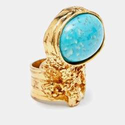 Pre Owned Saint Laurent Turquoise Glass Gold Tone Arty Ring Size 52