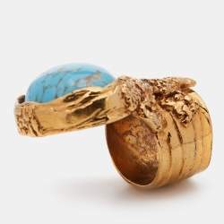 Pre Owned Yves Saint Laurent Gold Tone Blue Glass Cabochon Arty Ring Size EU 54.5