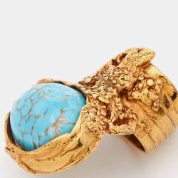 Pre Owned Yves Saint Laurent Gold Tone Blue Glass Cabochon Arty Ring Size EU 54.5