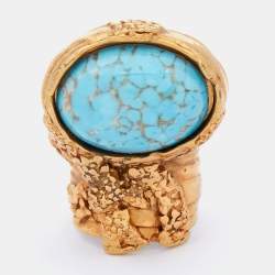 Pre Owned Yves Saint Laurent Gold Tone Blue Glass Cabochon Arty Ring Size EU 54.5
