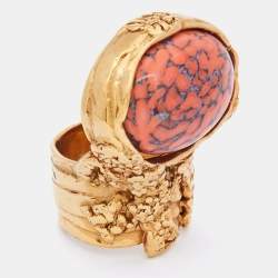 Yves Saint Laurent Gold Tone Coral Cabochon Arty Ring Size EU 54.5