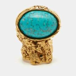 Pre Owned Saint Laurent Arty Glass Cabochon Gold Tone Ring Size 53