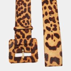 Yves Saint Laurent Brown Leopard Print Calfhair and Leather Wide Buckle Belt 100CM