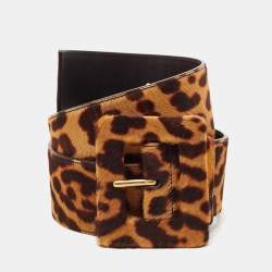 Yves Saint Laurent Brown Leopard Print Calfhair and Leather Wide Buckle Belt 100CM