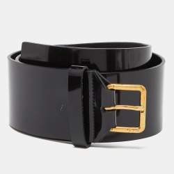 Pre Owned Yves Saint Laurent Black Glossy Leather Buckle Wide Belt 80CM