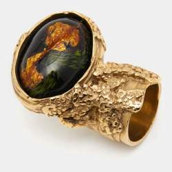 Pre Owned Yves Saint Laurent Arty Glass Gold Tone Ring Size 52