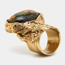 Pre Owned Yves Saint Laurent Arty Glass Gold Tone Ring Size 52