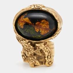 Pre Owned Yves Saint Laurent Arty Glass Gold Tone Ring Size 52