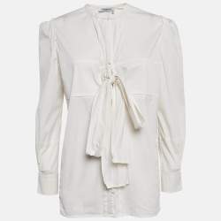 Pre Owned Yves Saint Laurent Paris Off-White Cotton Stretch Tie-Up Blouse L