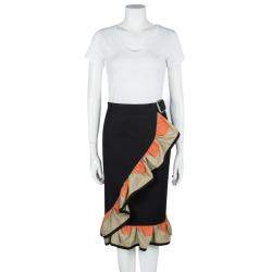 Pre Owned Yves Saint Laurent SS'11 Black Cotton Contrast Ruffle Detail Wrap Skirt M